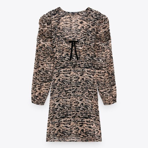 ZARA Animal Print V-Neck Bow Mini Dress - Picture 3 of 7